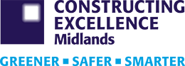 Constructing Excellence Midlands logo: A deep blue filled square, with another smaller white square hole within it, with the text 'Constructing Excellence Midlands' aligned to it, on its right. Beneath this the logo has the text in a light cyan blue saying 'Greener, safer, smarter.'